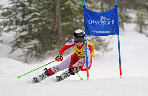 Ein Skifahrer in einem roten und weißen Outfit mit Helm und Goggles fährt einen schneebedeckten Hang hinunter. Hinter ihm befindet sich eine blaue Fahne mit 'SCU FRANKENFELS'.