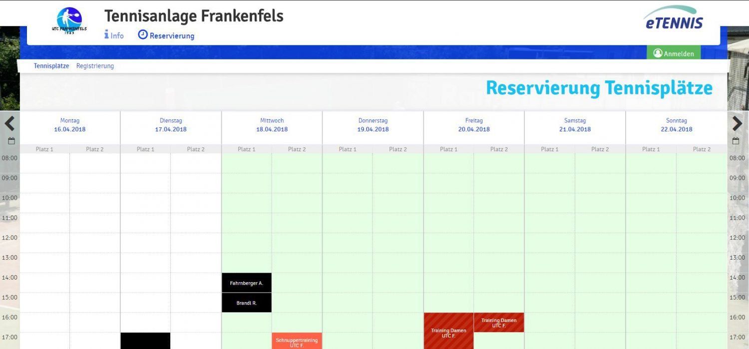 Eine Tabelle mit dem Titel 'Reserve' listet die Wochentage auf: Mittwoch, Donnerstag und Freitag. Die Daten sind 18.04.2018, 19.04.2018 und 20.04.2018. Jeder Tag hat zwei Plätze: Platz 1 und Platz 2.