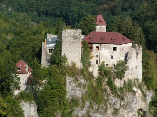 Auf einem steilen Felsen steht eine alte Burg mit rotem Dach, umgeben von üppigem grünem Laub.