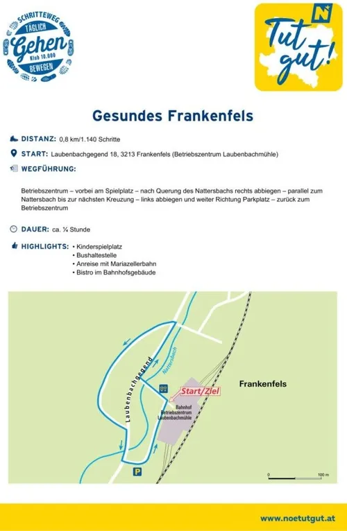 Gesundes Frankenfels. Distanz: 0,8 km/1.140 Schritte. Start: Laubenbachgegend 18, 3213 Frankenfels (Betriebszentrum Laubenbachmühle). Dauer: ca. 1/4 Stunde. Highlights: Kinderspielplatz, Bushaltestelle, Ankunft Mariazellerbahn, Bistro im Bahnhofsgebäude.
