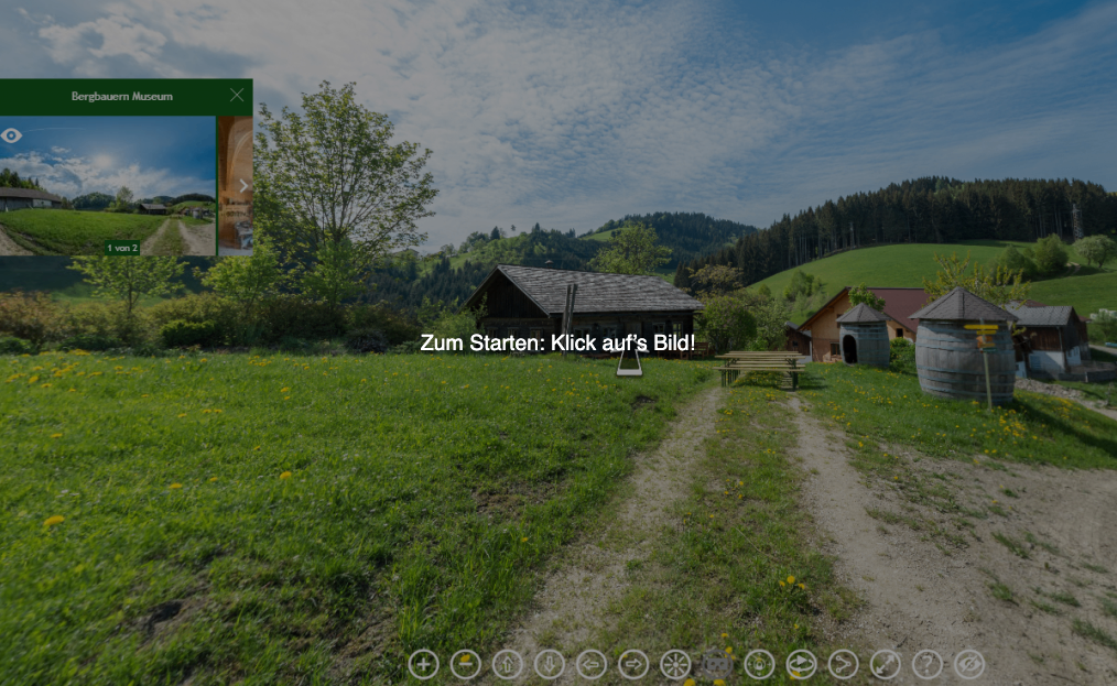 Grüne Landschaft mit Bauernhaus, Straße und Bank. Der Hinweis, auf das Bild zu klicken, um zu beginnen.