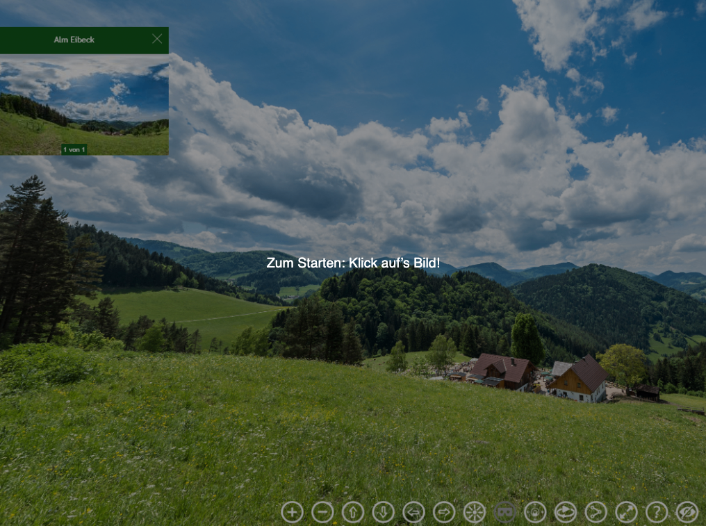 Eine ländliche Landschaft mit einer grünen Wiese und zwei Häusern unter einem blauen Himmel mit Wolken. Ein Knopf lädt zum Klicken zum Starten ein.