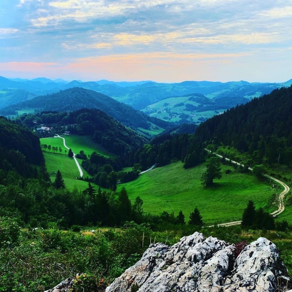 Ein Panoramablick von einem hohen Standpunkt zeigt ein üppiges Tal mit sanften Hügeln, dichten grünen Bäumen und einem gewundenen Pfad, der die Landschaft durchschneidet, unter einem teilweise bewölkten Himmel.