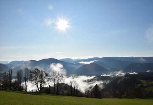 Ein strahlender Sonnenschein über einem Tal mit einem grünen Feld und kahlen Bäumen, umgeben von nebeligen Bergen.
