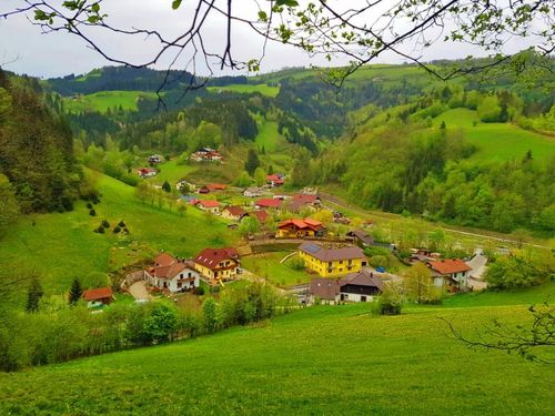 Luftaufnahme eines malerischen Tals mit vielen bunten Häusern, üppigen grünen Feldern und dichtem Wald.