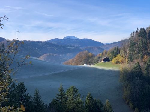Eine friedliche Landschaft mit einer fernen Bergkette, einem kleinen Haus am Hang und einem Feld mit Bäumen und Pflanzen unter einem blauen Himmel mit Wolken.