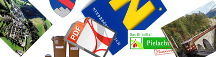 Eine Sammlung von Bildern enthält ein Bergdorf, ein rotes PDF-Logo, ein rot-weißes Emblem, einen gelben Pfeil und einen roten Zug auf einer Brücke.