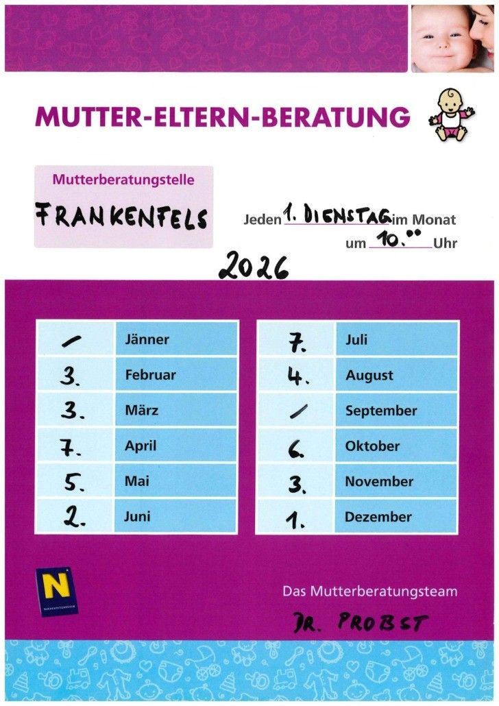 Plakat für Elternberatungssitzungen in Frankenfel. Termine im Jahr 2026 sind in zwei Spalten aufgeführt, wobei jeder Monat eine andere Farbe hat.