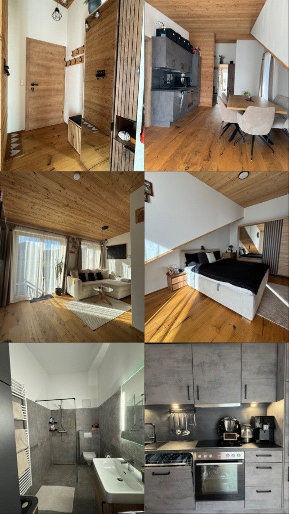 Ein Collage eines modernen Apartments mit Holzböden, einem Wohnzimmer mit einer Couch, einem Essbereich mit einem Tisch, einem Schlafzimmer mit einem Bett und einer Küche mit einer Kaffeemaschine.