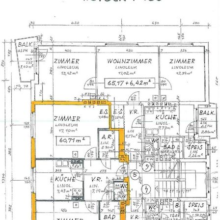 Ein Grundriss mit beschrifteten Räumen wie 'Wohnzimmer', 'Linoleum' und 'Bad'. Abmessungen und Maße sind überall angegeben. Der Grundriss umfasst eine Küche, ein Wohnzimmer und Schlafzimmer.