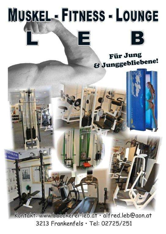 Ein Fitnessstudio-Werbeplakat mit einer Collage von Fitnessgeräten und einer Frau, die eine Sonnenbank benutzt. Das Fitnessstudio bietet Muskel-, Fitness- und Lounge-Dienstleistungen für Jung und Junggebliebene. Kontaktinformationen und Telefonnummer sind angegeben.