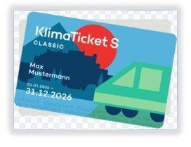 Blaues KlimaTicket S für Max Mustermann, gültig von 01.01.2024 bis 31.12.2026, mit Zug und Bergen.