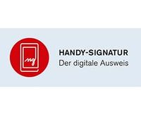 Ein Logo mit einem roten Kreis, der ein stilisiertes Smartphone-Symbol mit der Aufschrift 'mg' zeigt, begleitet von dem Text 'HANDY-SIGNATUR' und 'Der digitale Ausweis' in Weiß auf grauem Hintergrund.
