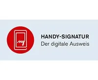 Ein Logo mit einem roten Kreis, der ein stilisiertes Smartphone-Symbol mit der Aufschrift 'mg' zeigt, begleitet von dem Text 'HANDY-SIGNATUR' und 'Der digitale Ausweis' in Weiß auf grauem Hintergrund.