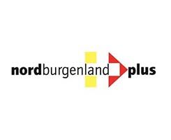 Das Logo für Nordburgenland Plus zeigt den Text 'nordburgenland' in fetter schwarzer Schrift, mit 'plus' in Rot, begleitet von einem gelben Quadrat und einem roten Dreieck.