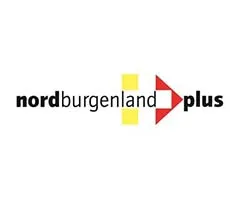 Das Logo für Nordburgenland Plus zeigt den Text 'nordburgenland' in fetter schwarzer Schrift, mit 'plus' in Rot, begleitet von einem gelben Quadrat und einem roten Dreieck.