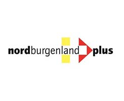 Das Logo für Nordburgenland Plus zeigt den Text 'nordburgenland' in fetter schwarzer Schrift, mit 'plus' in Rot, begleitet von einem gelben Quadrat und einem roten Dreieck.