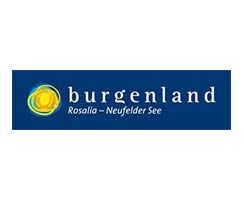 Das Burgenland-Logo mit einer Sonne und dem Text 'Rosalia - Neufelder See' in Blau auf weißem Hintergrund.