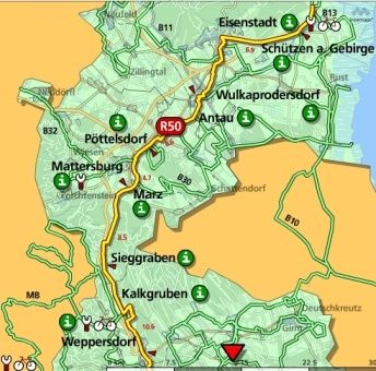 Eine Karte, die verschiedene Orte wie Eisenstadt, B11 und B13 mit einer hervorgehobenen Route zeigt. Die Karte enthält auch Mattersburg, Marz und Sieggraben.