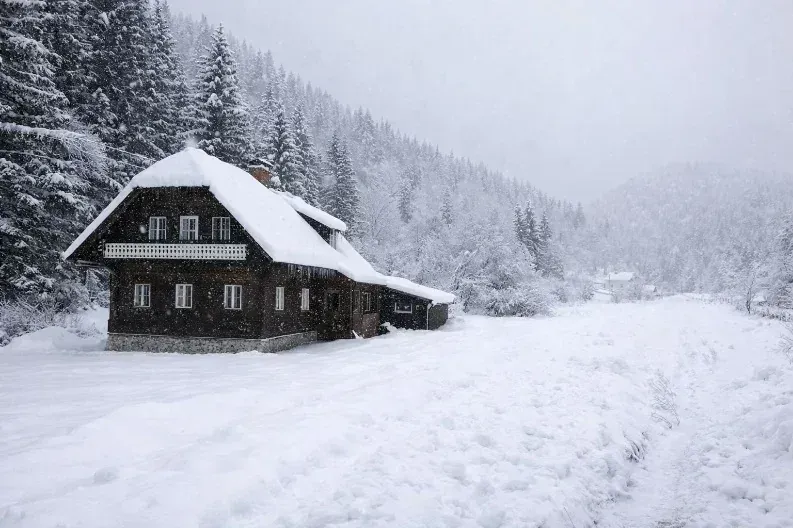 Ein verschneites Holzhaus steht inmitten einer verschneiten Landschaft mit Tannen im Hintergrund.