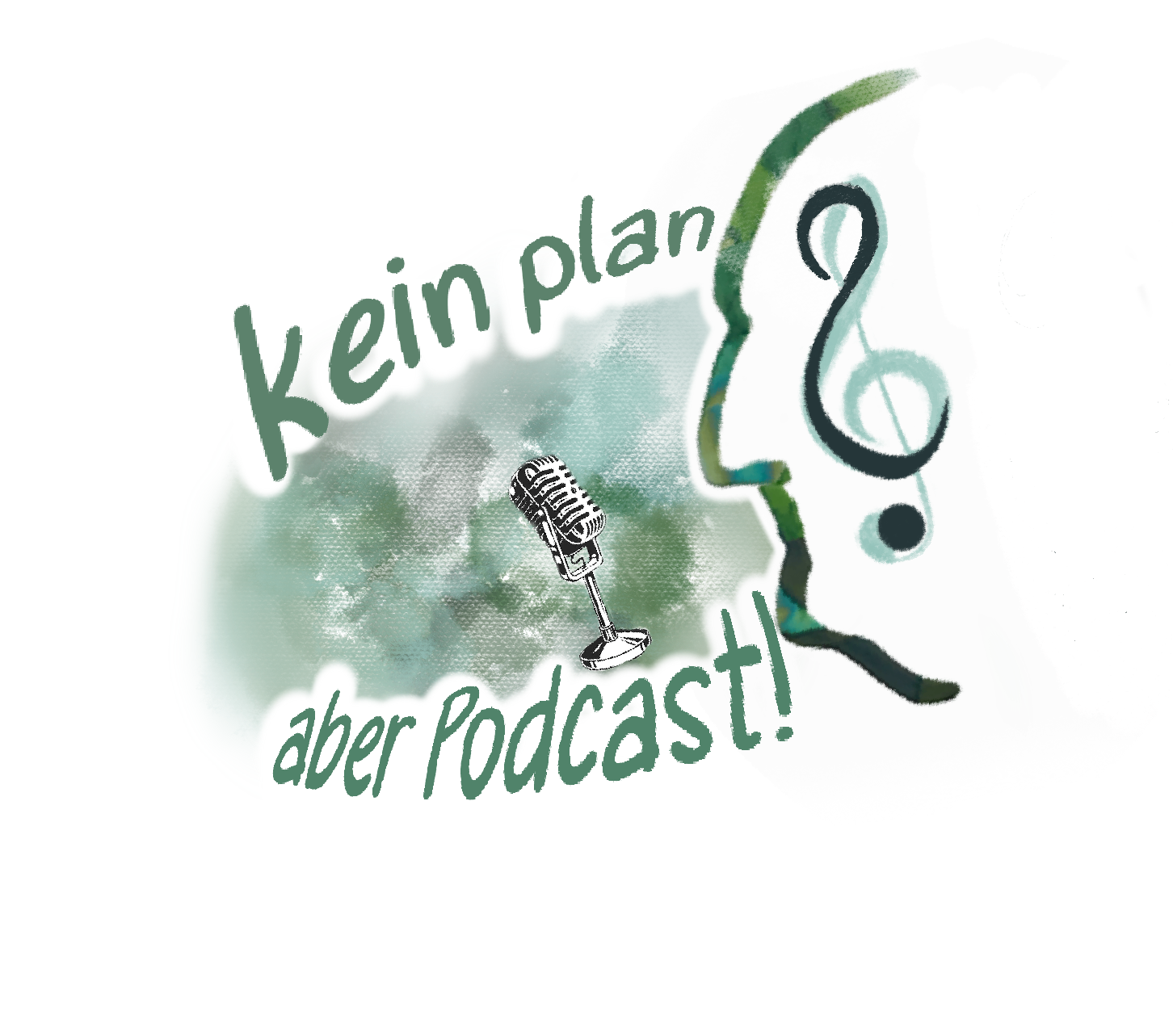 Eine grüne Illustration mit einem Mikrofon und musikalischen Noten. Der Text 'Kein plan aber Podcast!' ist in einer stilisierten Schriftart geschrieben.