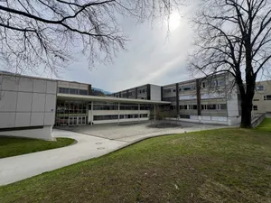 Campus, Office Building, Grass, City, Urban, Person