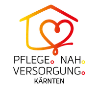 Ein Logo mit einem Haus und Herzsymbol in Rot und Gelb. Darunter steht 'Pflege, Nah, Versorgung, Karten' in Weiß.