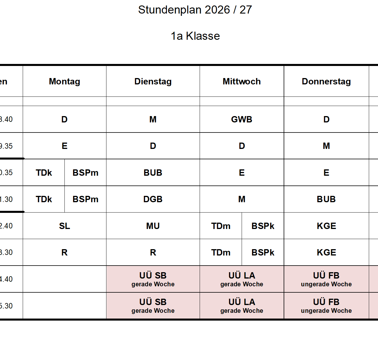 Ein Zeitplan für die 1. Klasse mit Wochentagen und entsprechenden Aktivitäten.