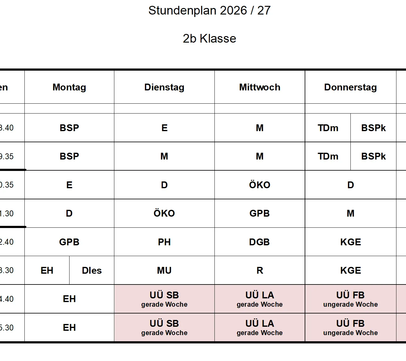 Wöchenlicher Stundenplan für die 2b Klasse im Jahr 2026/27 mit Fächern für jeden Tag von Montag bis Freitag.