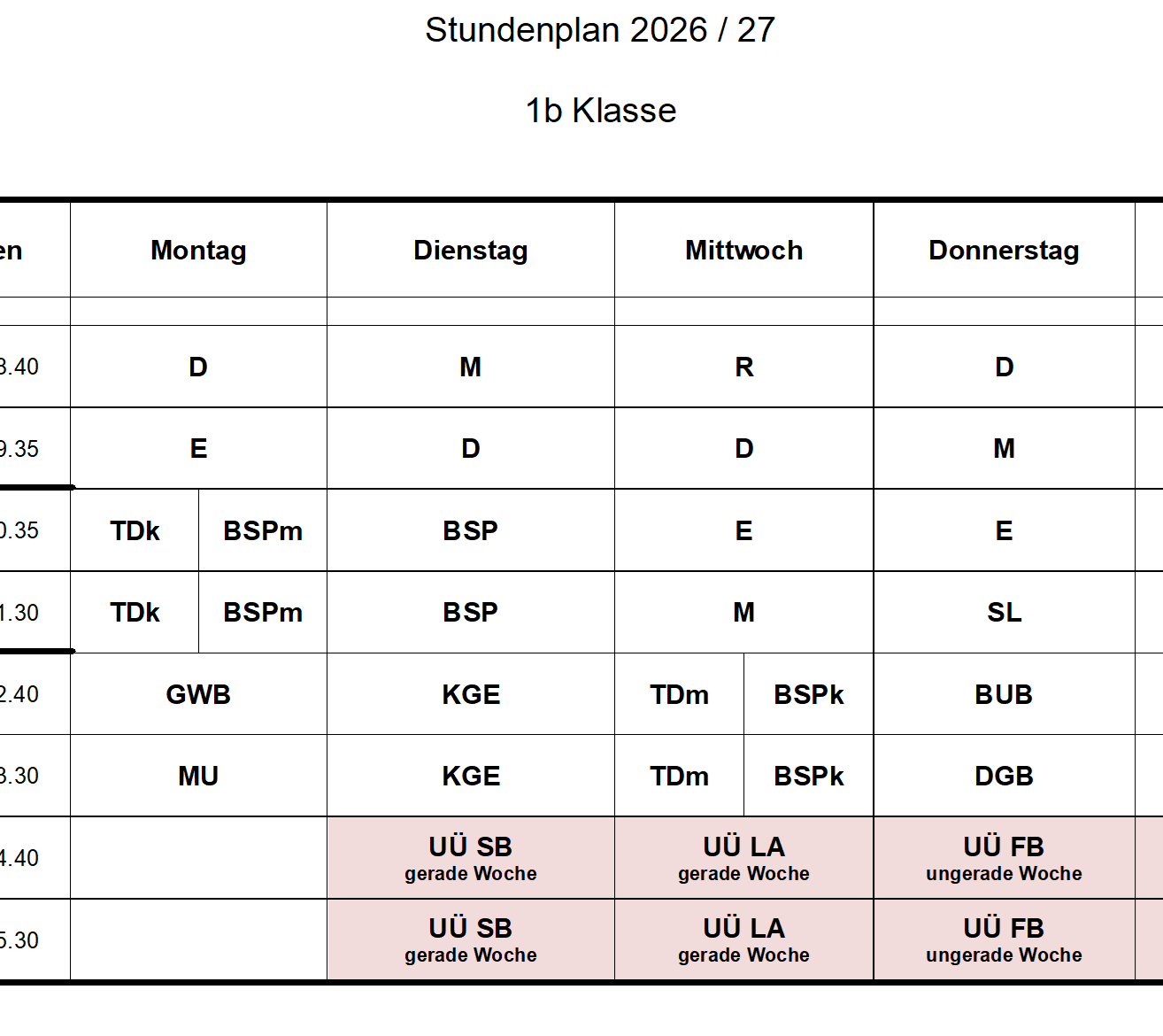 Ein Zeitplan für die 1. Klasse zeigt die Wochentage, Fächer und Codes.