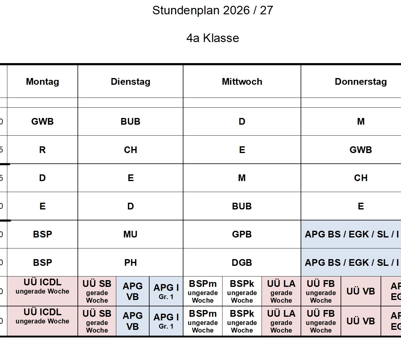 Ein wöchentlicher Stundenplan für die 4. Klasse mit Fächern und Lehrern für jeden Tag aufgelistet.