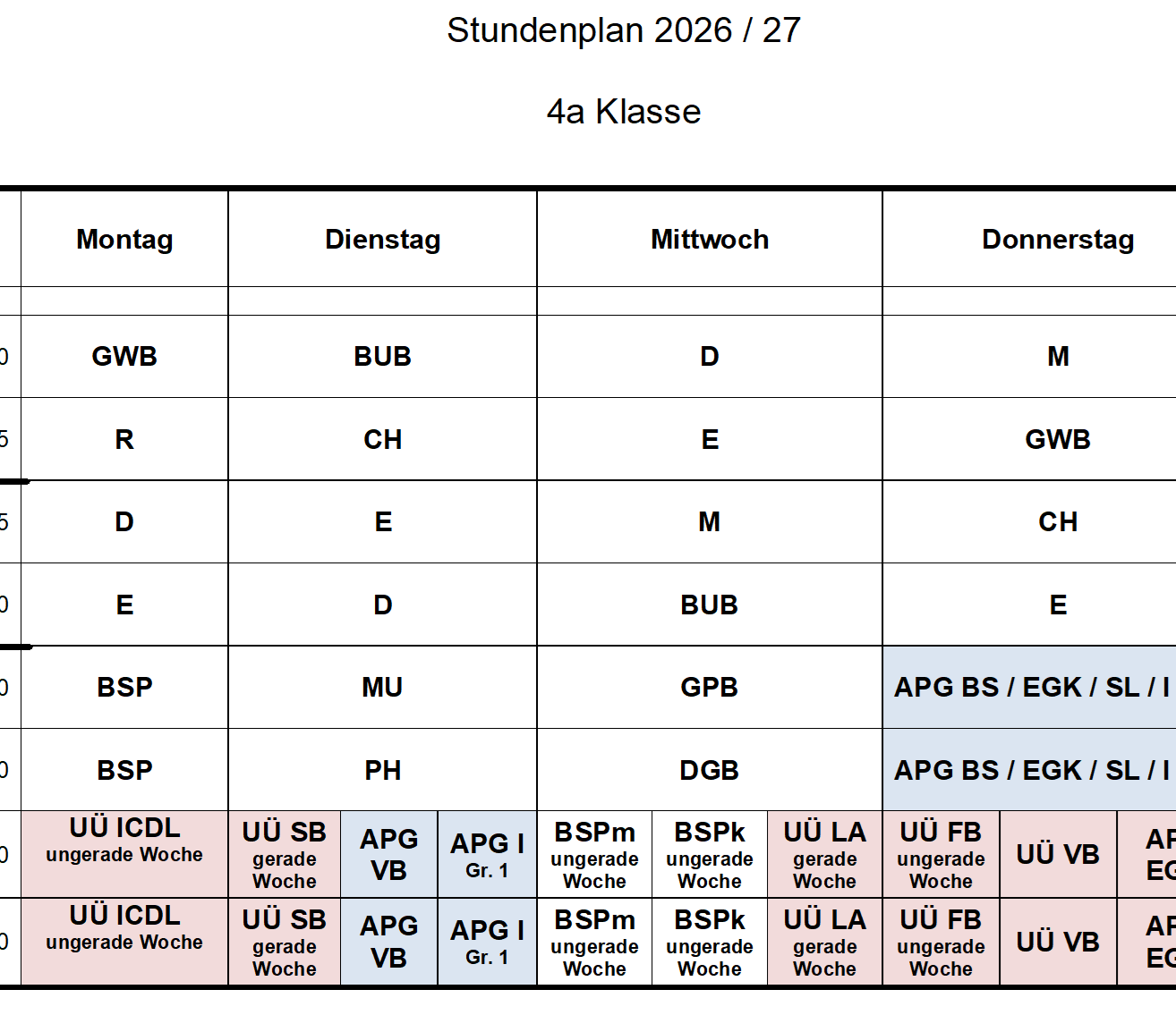 Ein wöchentlicher Stundenplan für die 4. Klasse mit Fächern und Lehrern für jeden Tag aufgelistet.