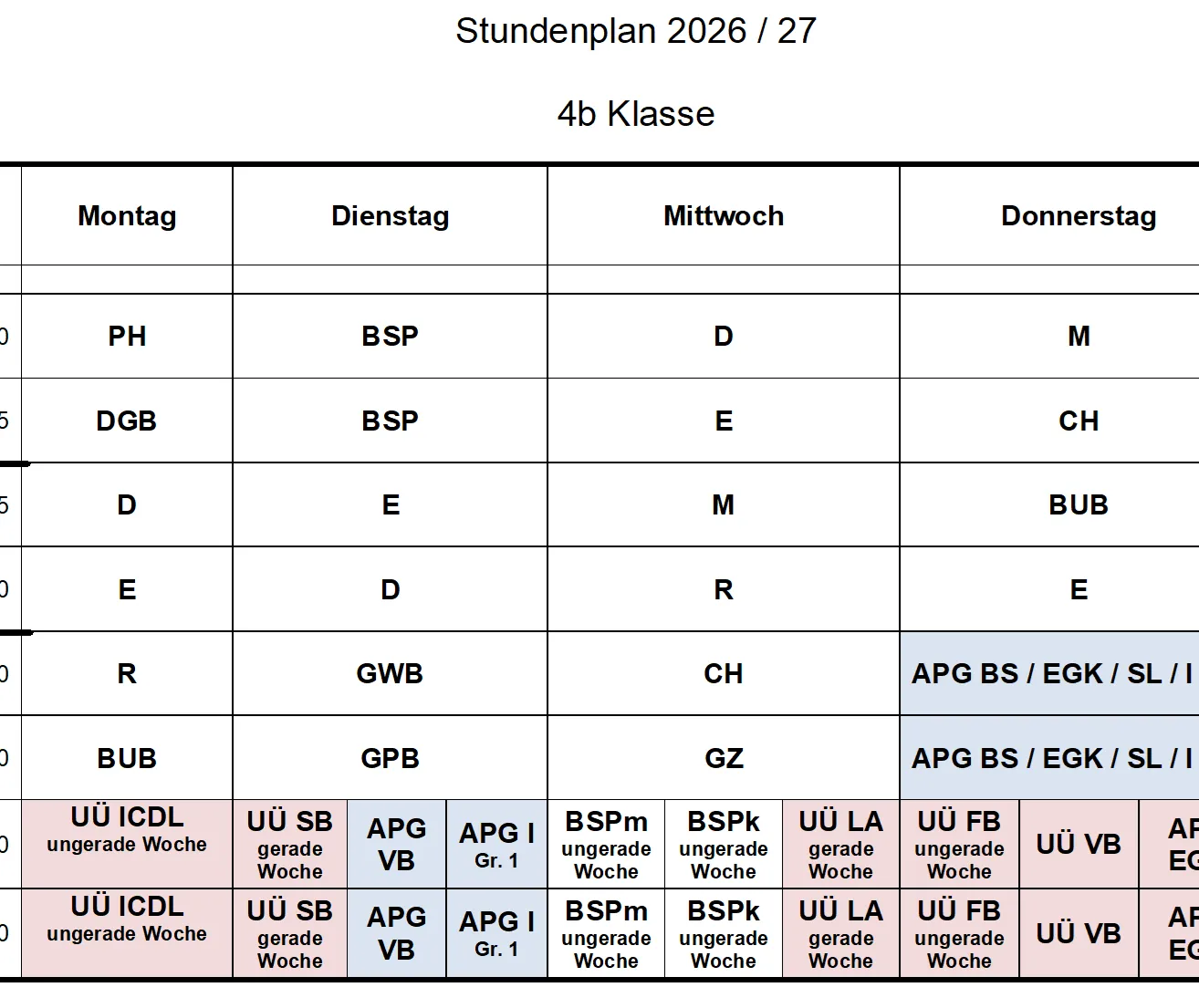 Ein Zeitplan für die 4. Klasse, der den Wochenplan für die Woche 2026/27 zeigt, einschließlich Fächer wie PH, BSP, D und mehr.