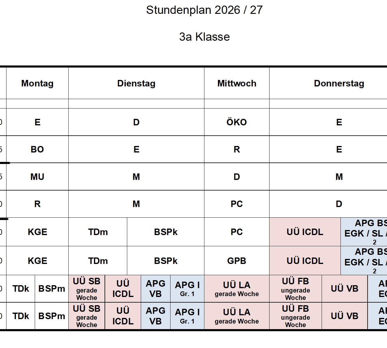 Ein Zeitplan für das Jahr 2026/27 für die 3a Klasse, der die Wochentage, Fächer und spezifische Klassencodes anzeigt.