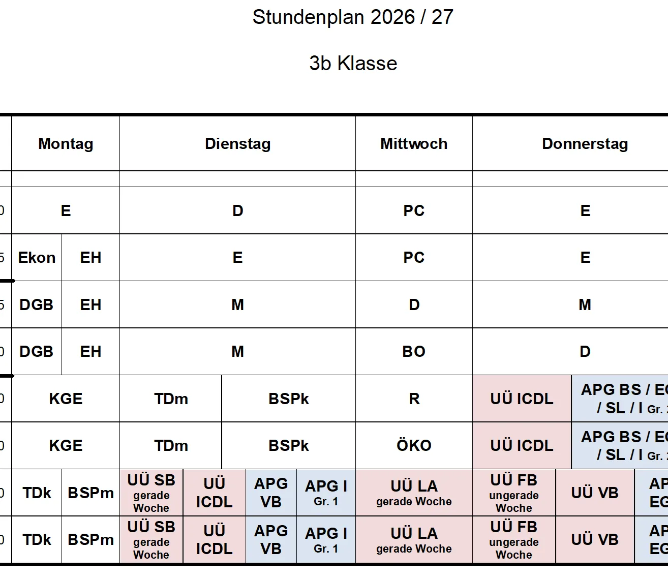 Ein Zeitplan für die 3b Klasse, der die Wochentage und Fächer auflistet. Der Tisch ist in Abschnitte für Montag, Dienstag, Mittwoch, Donnerstag und Freitag unterteilt. Jeder Tag hat eine Liste von Fächern und entsprechenden Codes.