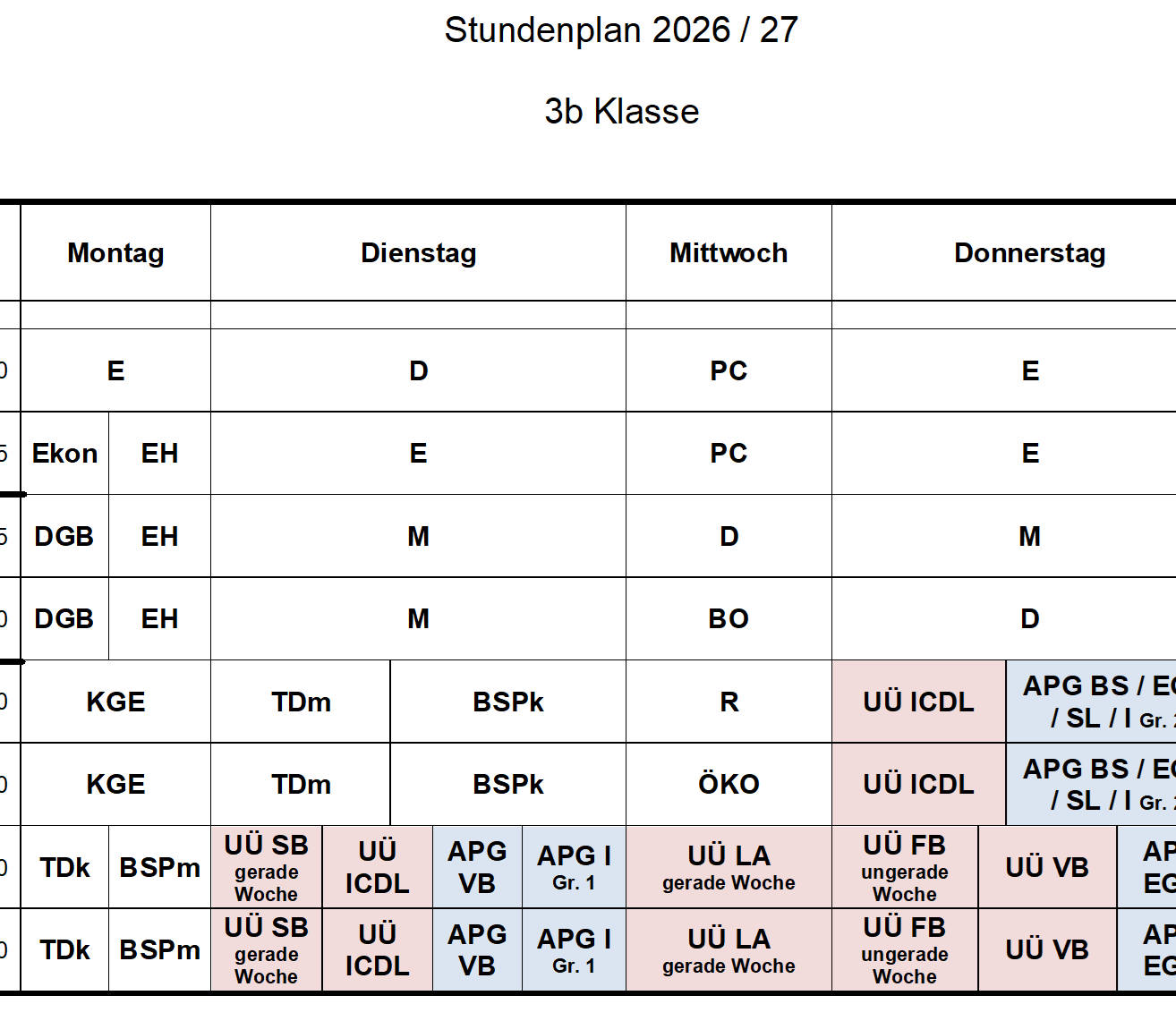 Ein Zeitplan für die 3b Klasse, der die Wochentage und Fächer auflistet. Der Tisch ist in Abschnitte für Montag, Dienstag, Mittwoch, Donnerstag und Freitag unterteilt. Jeder Tag hat eine Liste von Fächern und entsprechenden Codes.