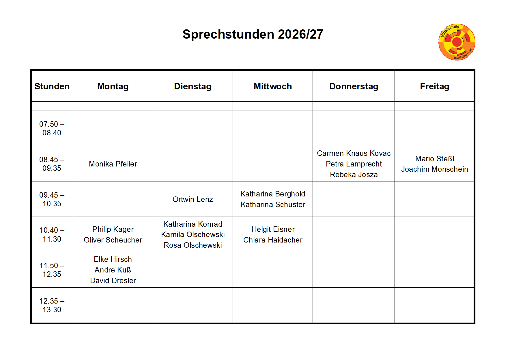 Eine Tabelle mit dem Titel 'Sprechstunden 2026/27'. Sie listet die Wochentage und die Zeitfenster für jeden Tag auf, zusammen mit den Namen der Personen, die jedem Zeitfenster zugeordnet sind.
