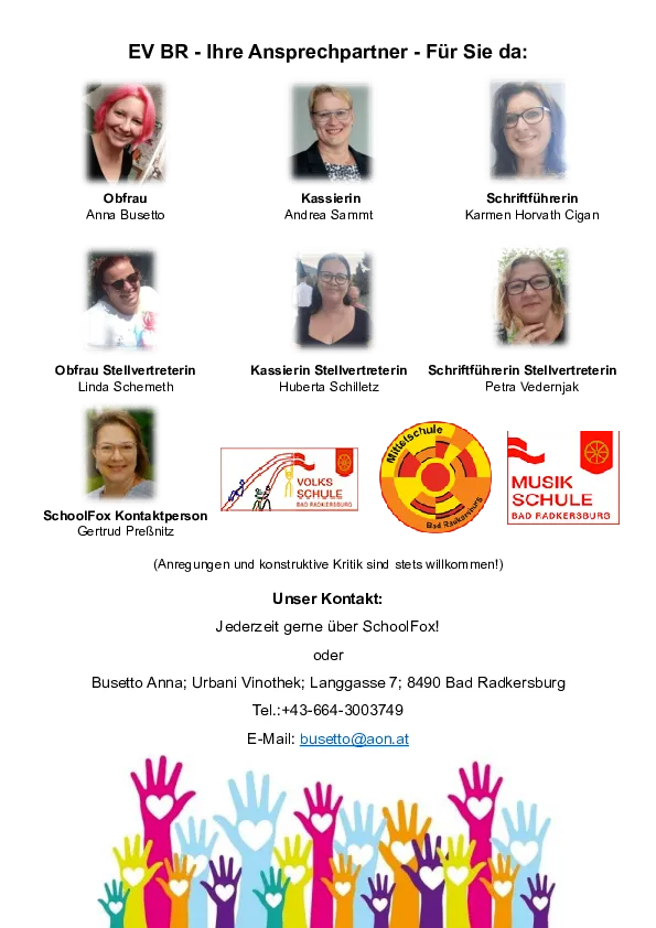 Bilder von mehreren lächelnden Frauen, jeweils mit einem Hintergrund aus verschiedenen Logos und Texten, einschließlich Volksschule und Musikschule Bad Radkersburg. Unten sind Kontaktdaten für Busetto Anna und Urbani Vinothek angegeben.