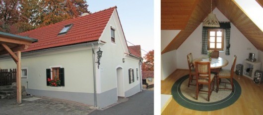 Zwei Bilder eines Hauses, eines außen und eines innen. Das Äußere zeigt ein weißes Haus mit einem roten Dach und einem kleinen Vordach. Das Innere zeigt ein Esszimmer mit einem Tisch und Stühlen.