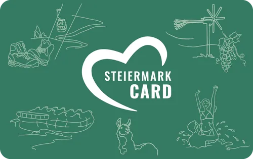 Ein grüner Hintergrund mit Zeichnungen eines Bootes, einer Windmühle und einer Person. Ein weißes Herzlogo mit den Worten 'Steiermark Card' ist prominent angebracht.