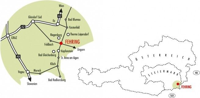 Das Bild zeigt eine Karte, die den Standort von Fehring, Österreich, darstellt. Die Karte enthält mehrere nahe gelegene Orte und Routen, die durch farbige Punkte und Linien hervorgehoben sind. Die zentrale Karte zeigt Fehring mit einem roten Punkt markiert, umgeben von anderen bemerkenswerten Orten und Straßen.