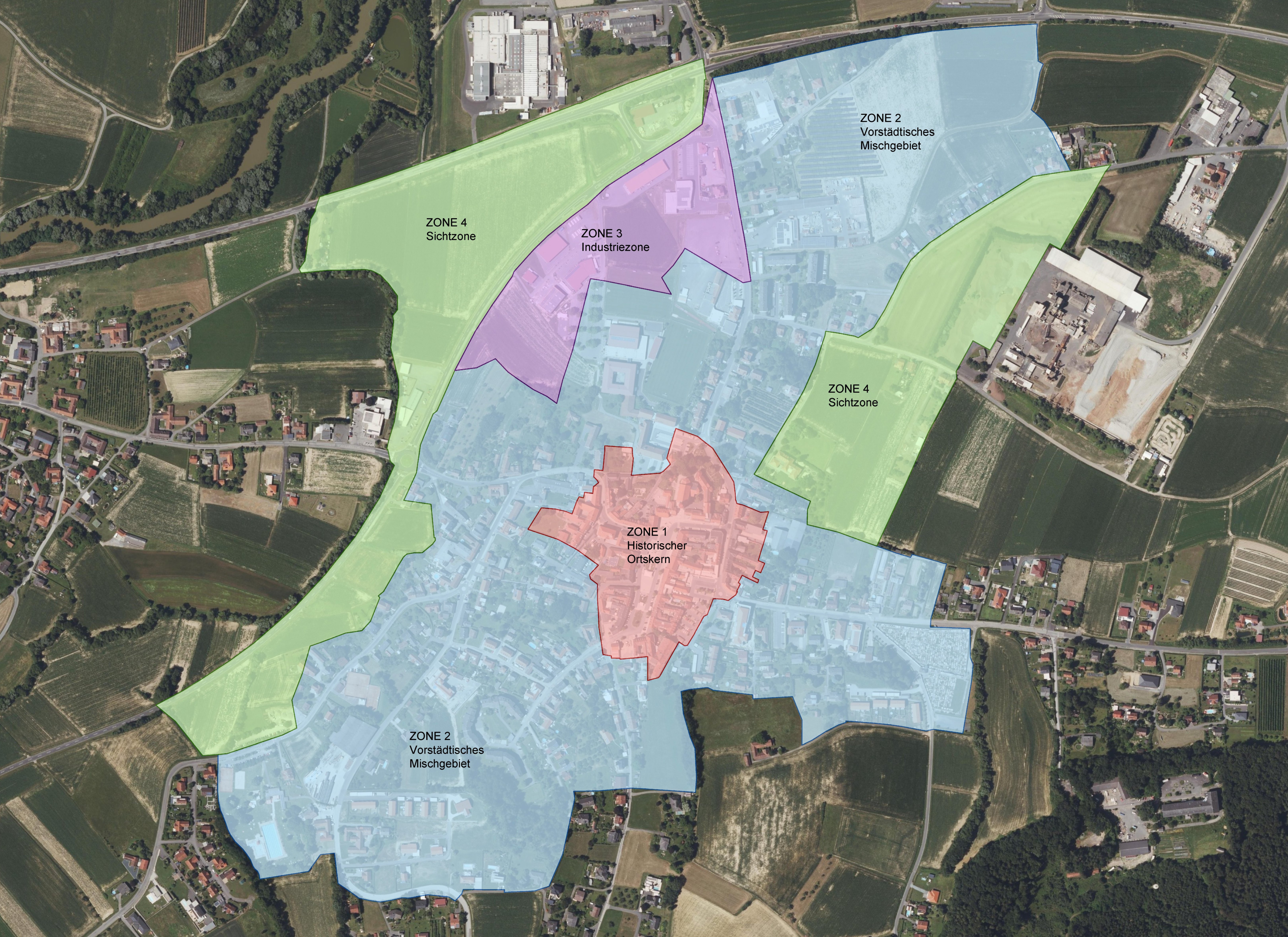 Eine Luftaufnahme einer Stadt, die in Zonen unterteilt ist. Zone 1 ist das zentrale Wohngebiet. Zone 2 umgibt die Stadt als Mischgebiet. Zone 3, ein Industriegebiet, befindet sich am Stadtrand. Zone 4, ein Sicherheitsgebiet, umgibt das Industriegebiet.