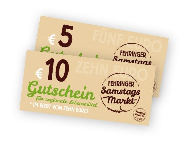 Zwei Gutscheine werden angezeigt. Der obere Gutschein ist für 5 Euro und der untere Gutschein für 10 Euro. Beide sind für den Fahringer Samstagsmarkt.