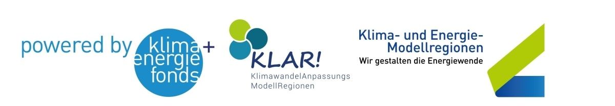 Logo mit den Texten 'by klima+energie fonds' und 'KLAR! Klimawandel Anpassungs ModellRegionen'. Darunter 'Klima- und Energie-Modellregionen Wir gestalten die Energiewende.'