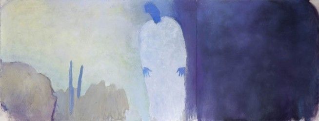 Ein abstraktes Gemälde mit einer Figur in Weiß, die vor einem dunkelblauen Hintergrund steht. Die Figur hat einen blauen Kopf und Hände.