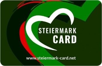 Ein grüner Hintergrund mit einem weißen Herzlogo. Die Worte 'Steiermark Card' stehen in Weiß auf dem Herz. Darunter steht 'www.steiermark-card.net' in Weiß.