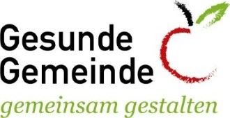 Das Logo für 'Gesunde Gemeinde' zeigt einen roten Apfel mit einem grünen Blatt an der Seite, der Gesundheit und Gemeinschaftlichkeit symbolisiert. Der Text lautet 'Gesunde Gemeinde' und 'gemeinschaftlich gestalten'.