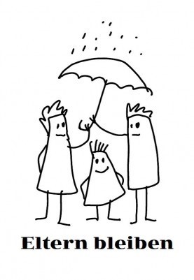 Eine einfache Karikatur einer vierköpfigen Familie, die während eines Regenschauers unter einem Regenschirm steht. Die Bildunterschrift lautet 'Eltern bleiben'.