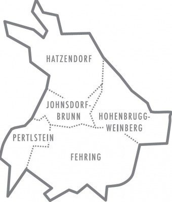 Eine Karte zeigt sechs Regionen: Hatzendorf, Johnsdorff-Brunn, Hohenbrugg-Weinberg, Pertstein und Fehring. Jede Region ist mit einer gestrichelten Umrandung gekennzeichnet.