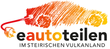 Das Bild zeigt ein Logo für 'eautoteilen' mit einer stilisierten roten und orangefarbenen Feder vor schwarzem Hintergrund. Darunter steht in Weiß 'IM STEIRISCHEN Vulkanland'.